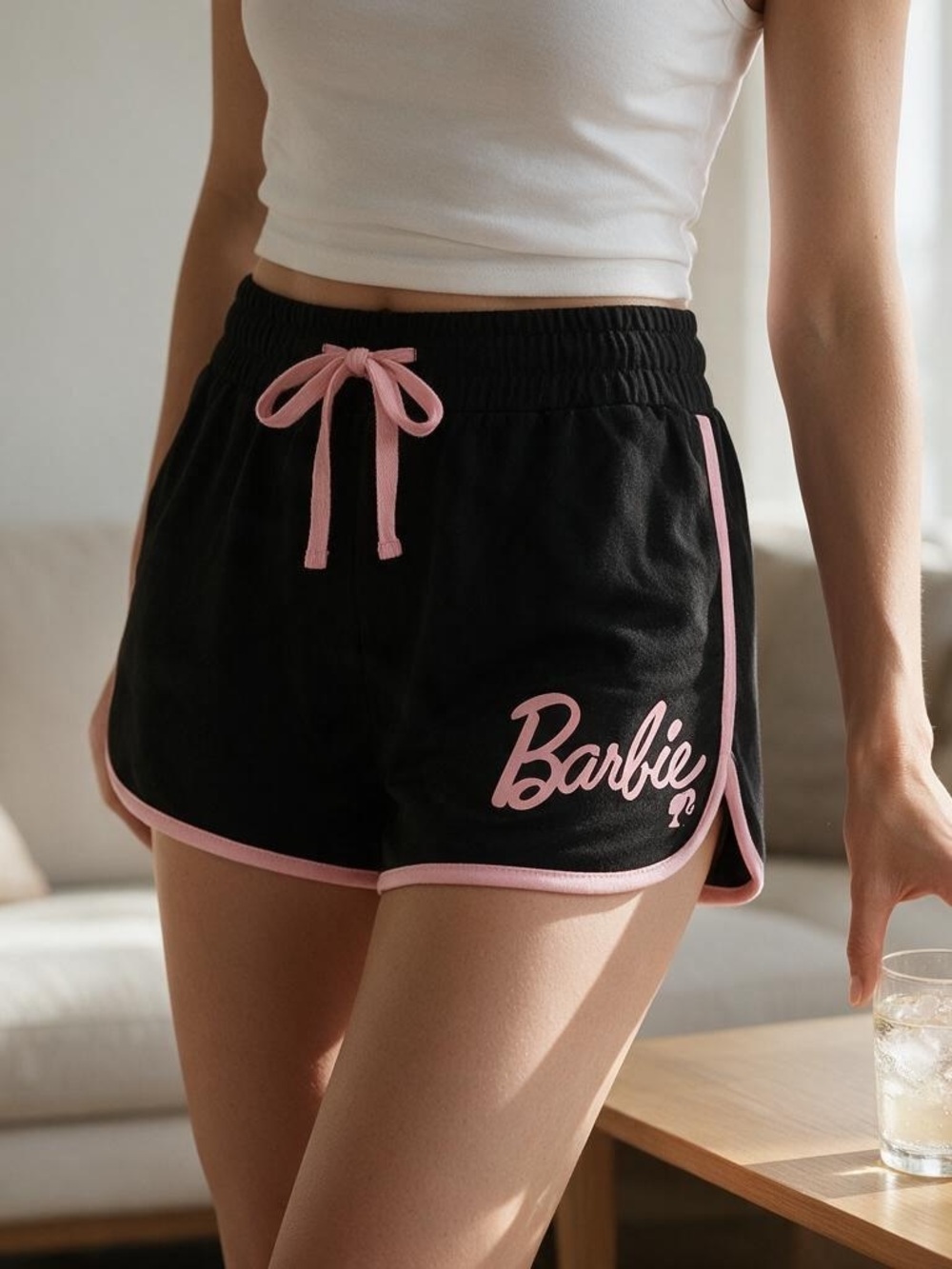 Barbie Women's M Black/Pink Lounge Shorts Drawstring Elastic Waist Logo